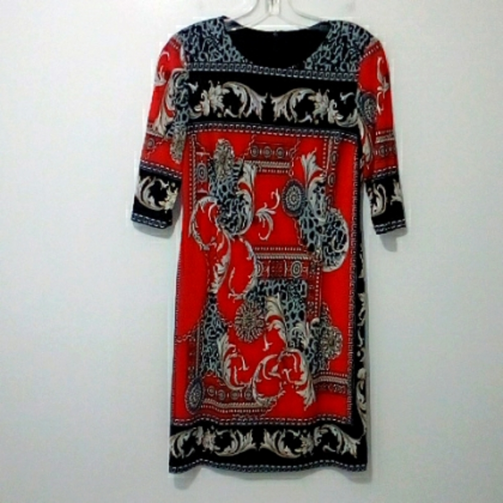 Red black tan baroque 1/2 sleeve mini dress